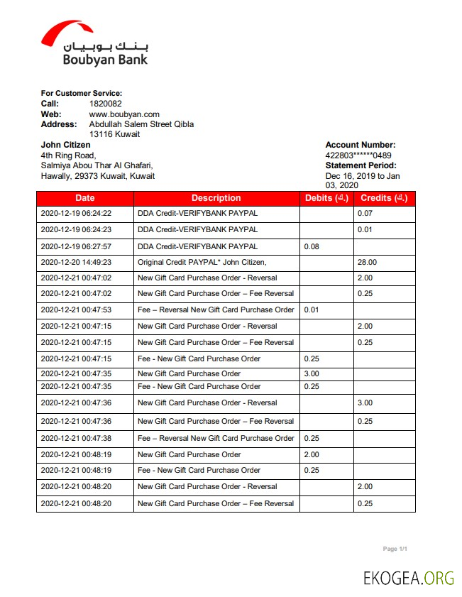 Modèle de justificatif de domicile de la banque Koweït Boubyan au format Word et PDF
